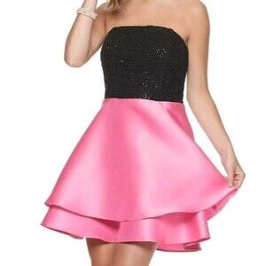 Xtraordinary Junior 11 Semi Formal Dress Black Sequined Top Bright Pink Satin